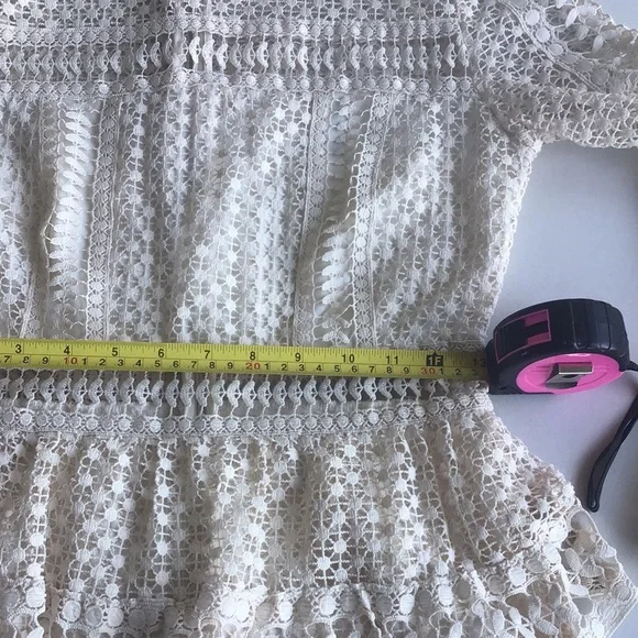 AQUA ivory crochet knit lace sheer long sleeve ruffle tier layered dress - Picture 8 of 16